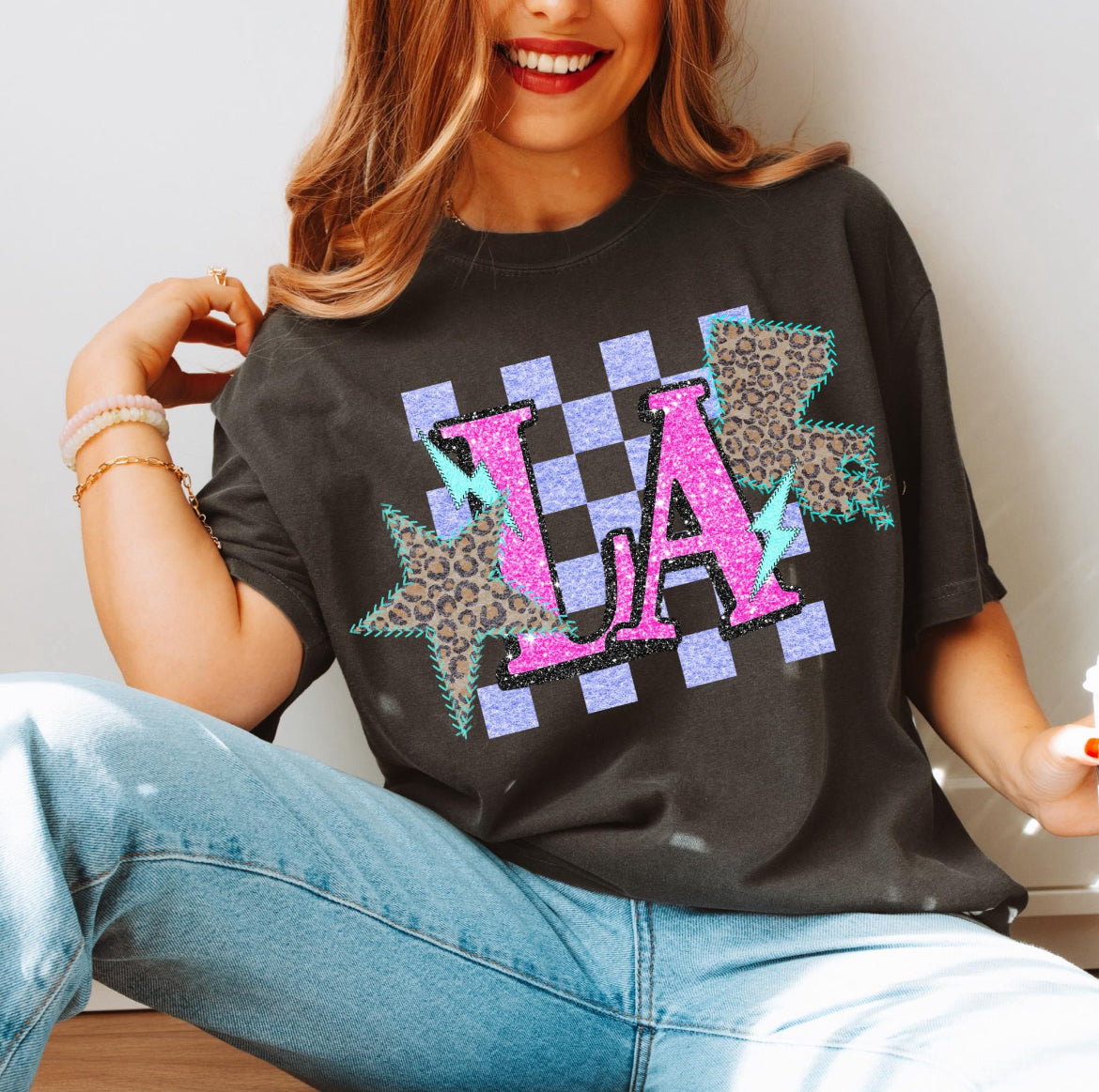 LA (Retro Leopard Checkered Glitter Stitched State Abbreviation)  - DTF