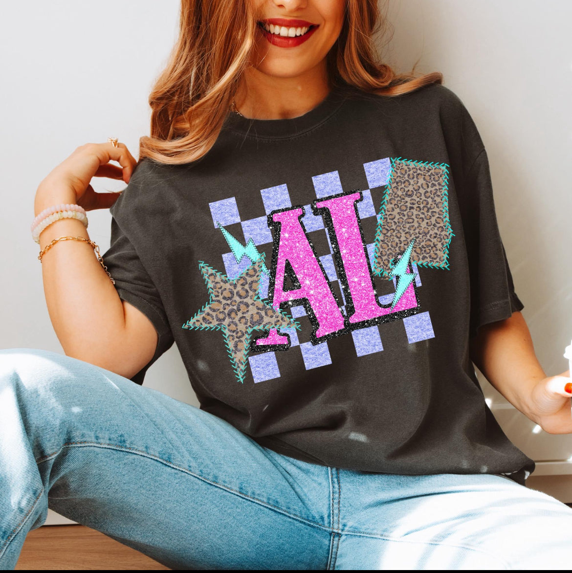 AL (Retro Leopard Checkered Glitter Stitched State Abbreviation)  - DTF