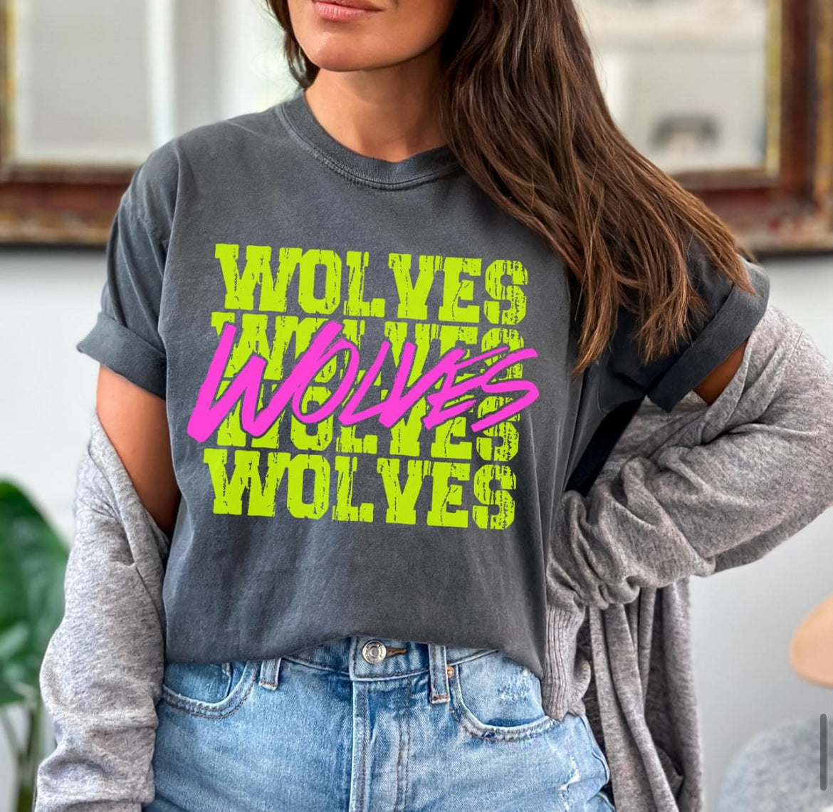 Wolves (bright yellow/pink stacked mascot) - DTF