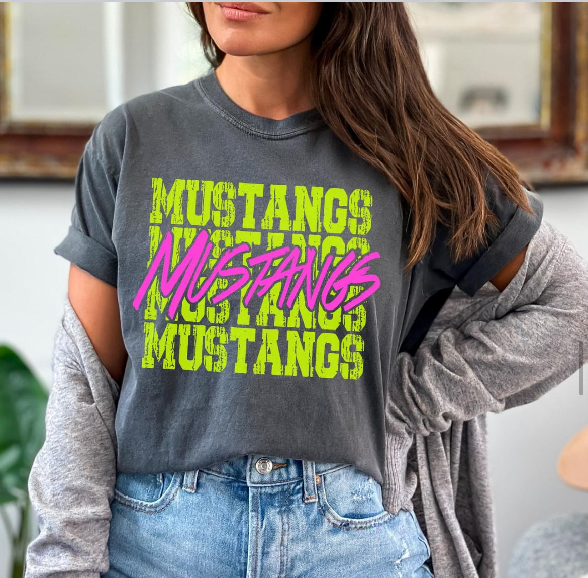 Mustangs (bright yellow/pink stacked mascot) - DTF