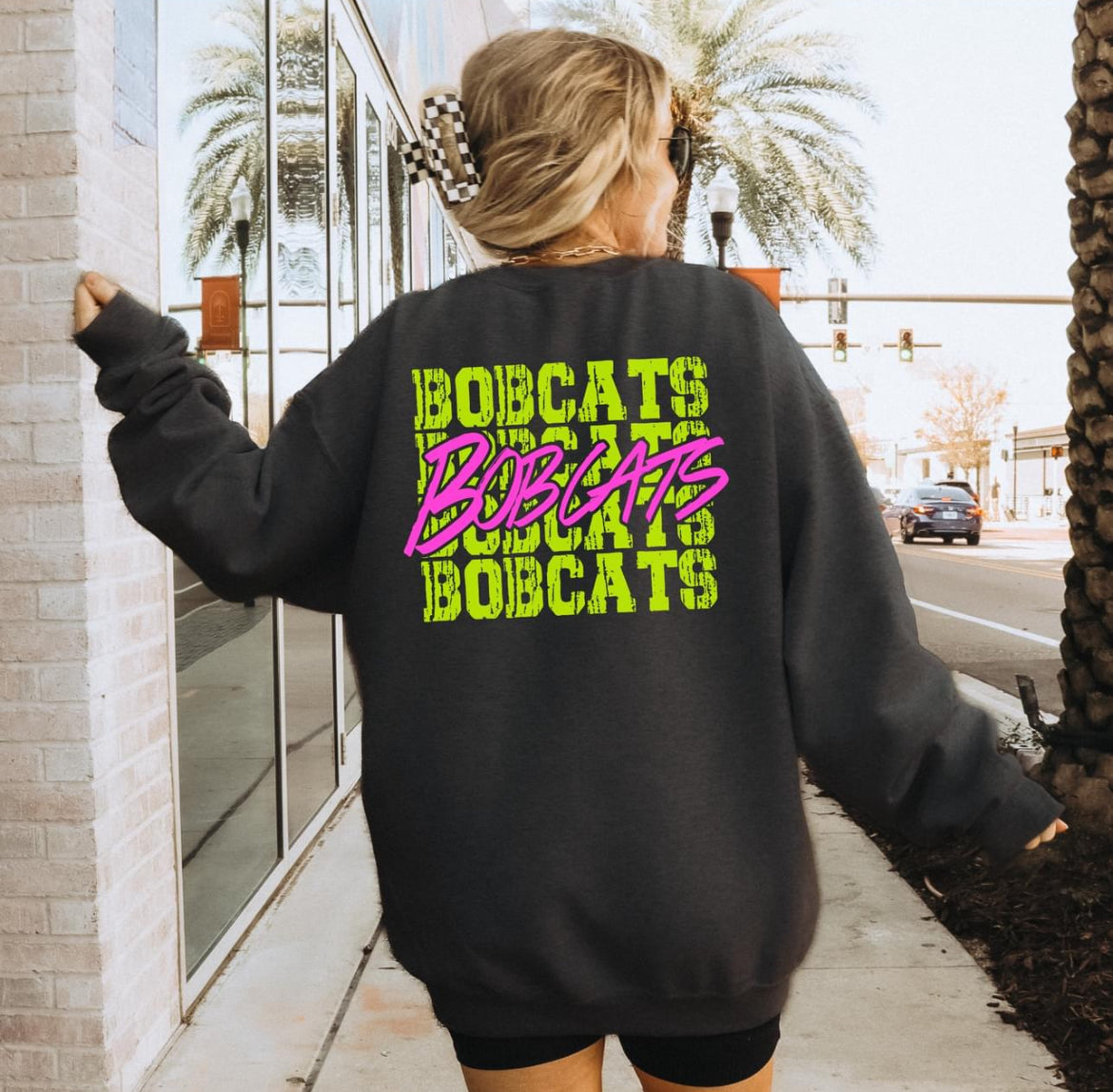 Bobcats (bright yellow/pink stacked mascot) - DTF