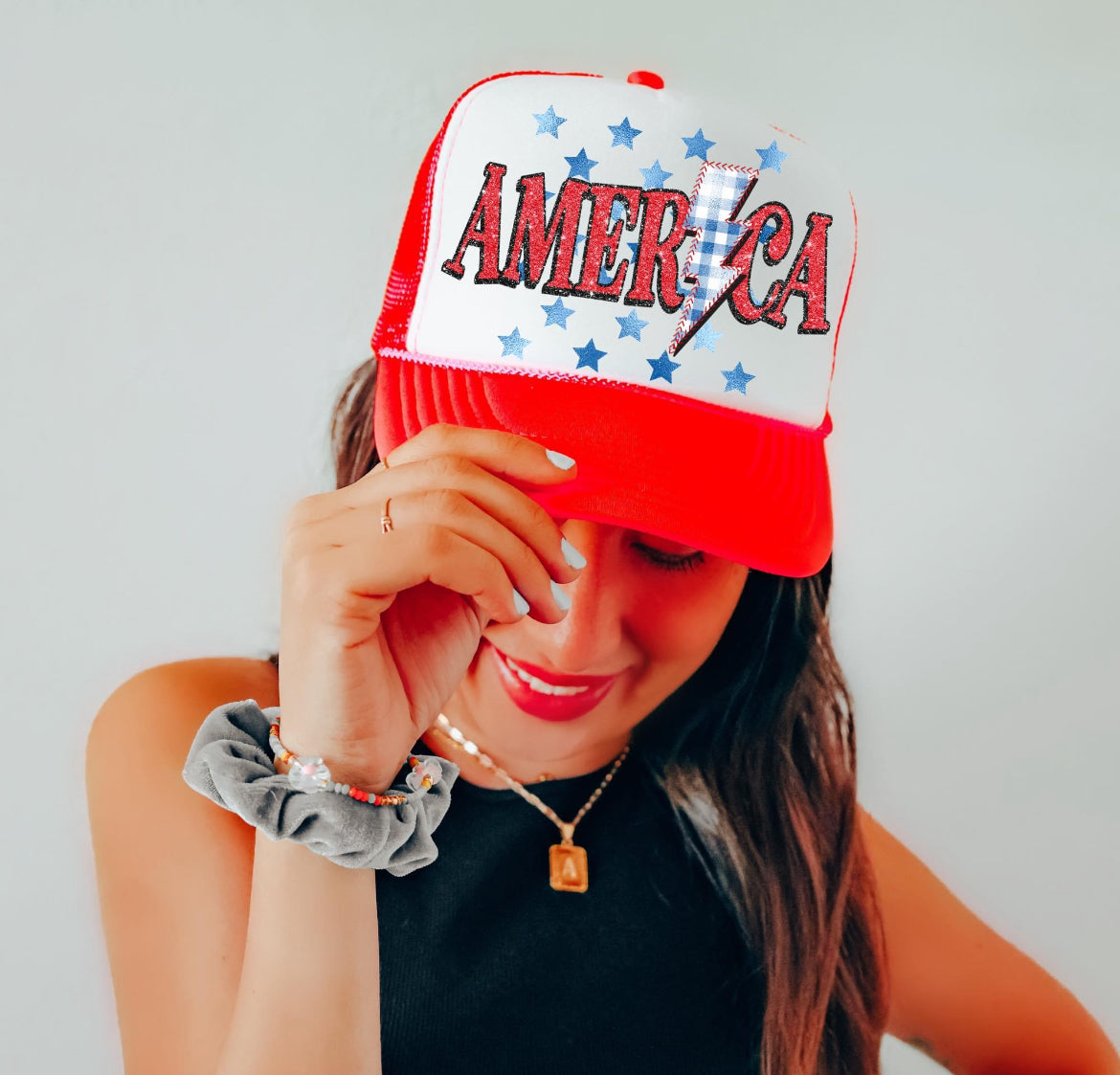 America (Faux Glitter with Foil Stars and Gingham Bolt)  - DTF