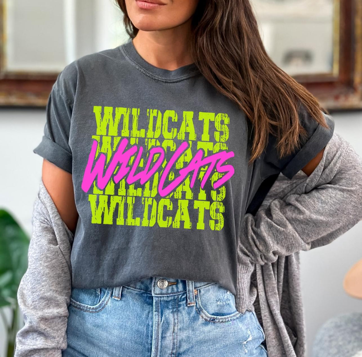 Wildcats (bright yellow/pink stacked mascot) - DTF