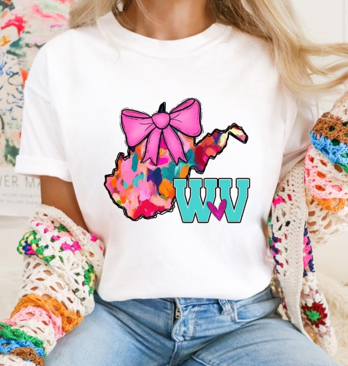 WV (Watercolor State Abbrev. w/Pink Bow - coquette)  - DTF