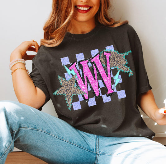 WV (Retro Leopard Checkered Glitter Stitched State Abbreviation)  - DTF