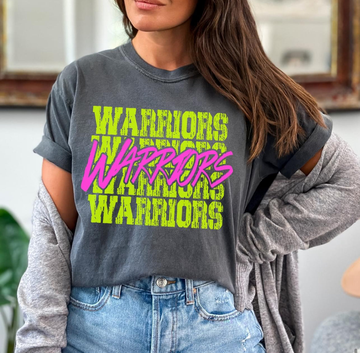 Warriors (bright yellow/pink stacked mascot) - DTF