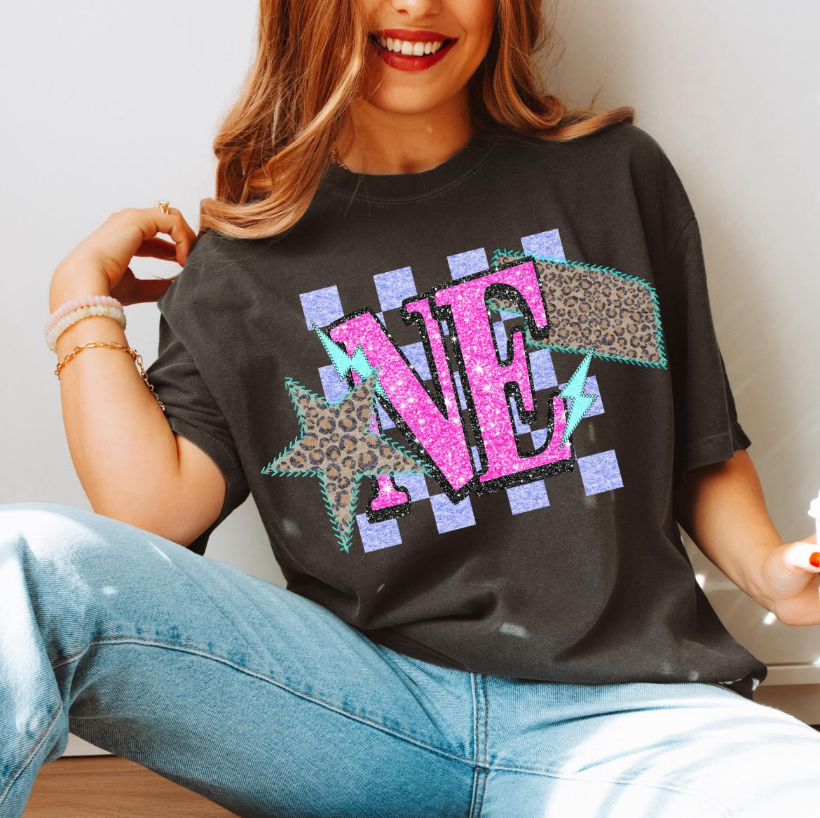 NE (Retro Leopard Checkered Glitter Stitched State Abbreviation)  - DTF