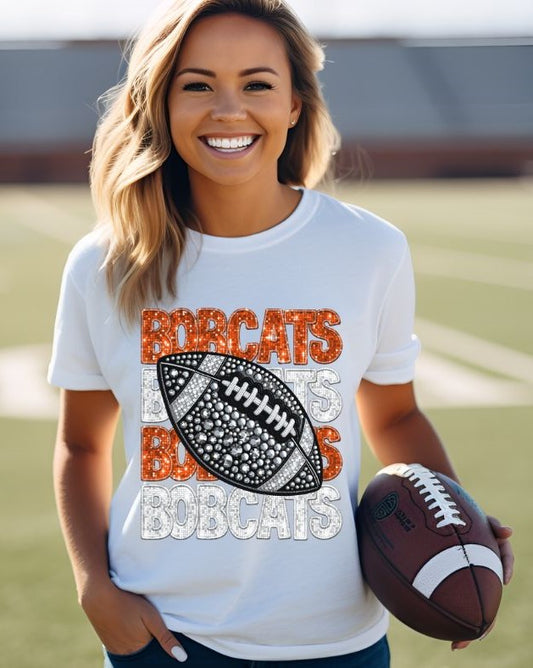 Bobcats - Orange/White (Stacked Bling Football) - DTF