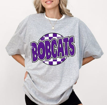 Bobcats - Purple/White (Mascot - Funky Checkered) - DTF