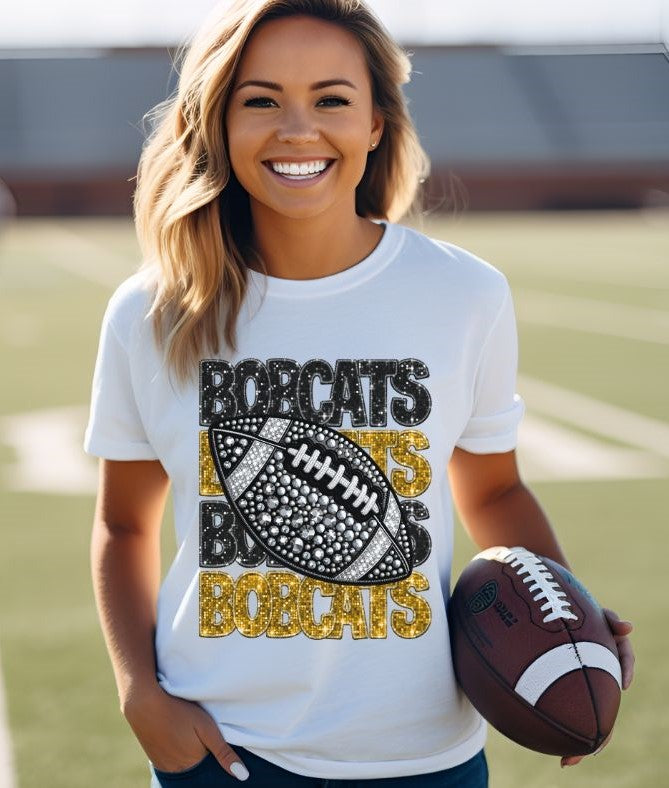 Bobcats - Black/Gold (Stacked Bling Football) - DTF