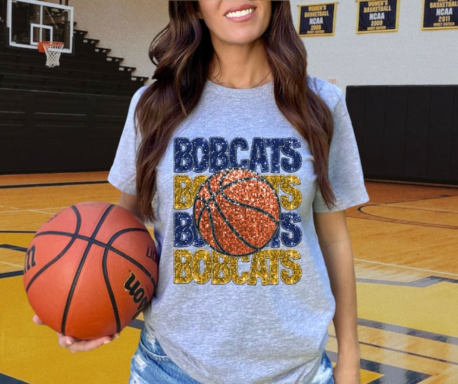 Bobcats - Navy/Gold (Stacked Basketball Faux Sequins) - DTF