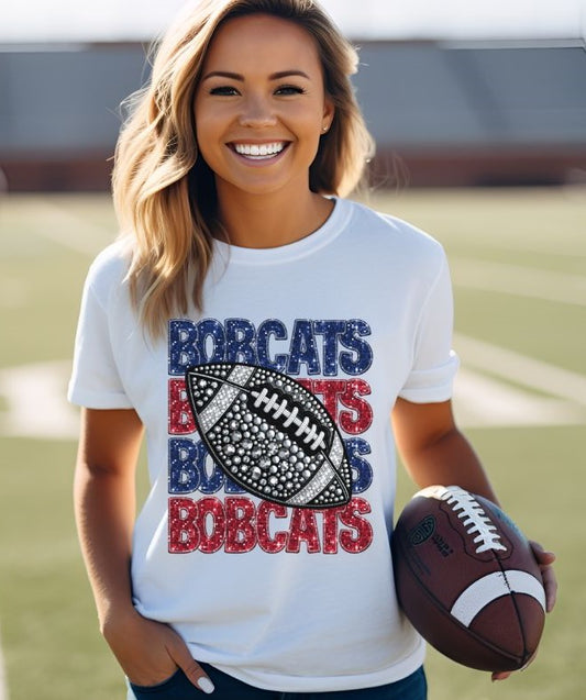 Bobcats - Blue/Red (Stacked Bling Football) - DTF