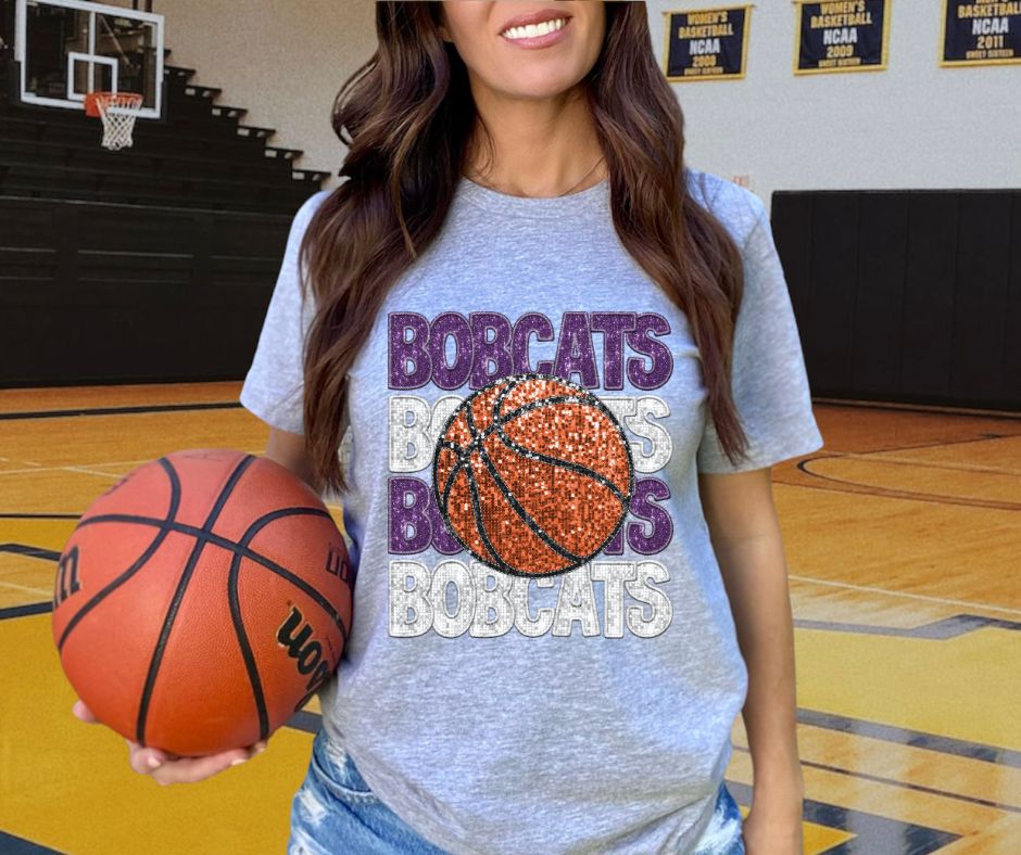 Bobcats - Purple/White (Stacked Basketball Faux Sequins) - DTF