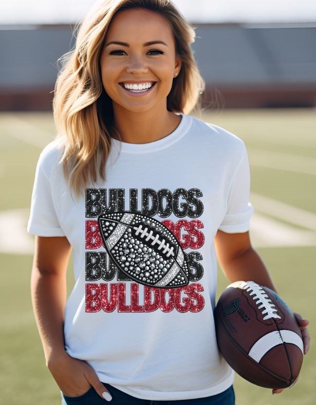 Bulldogs - Black/Red (Stacked Bling Football) - DTF