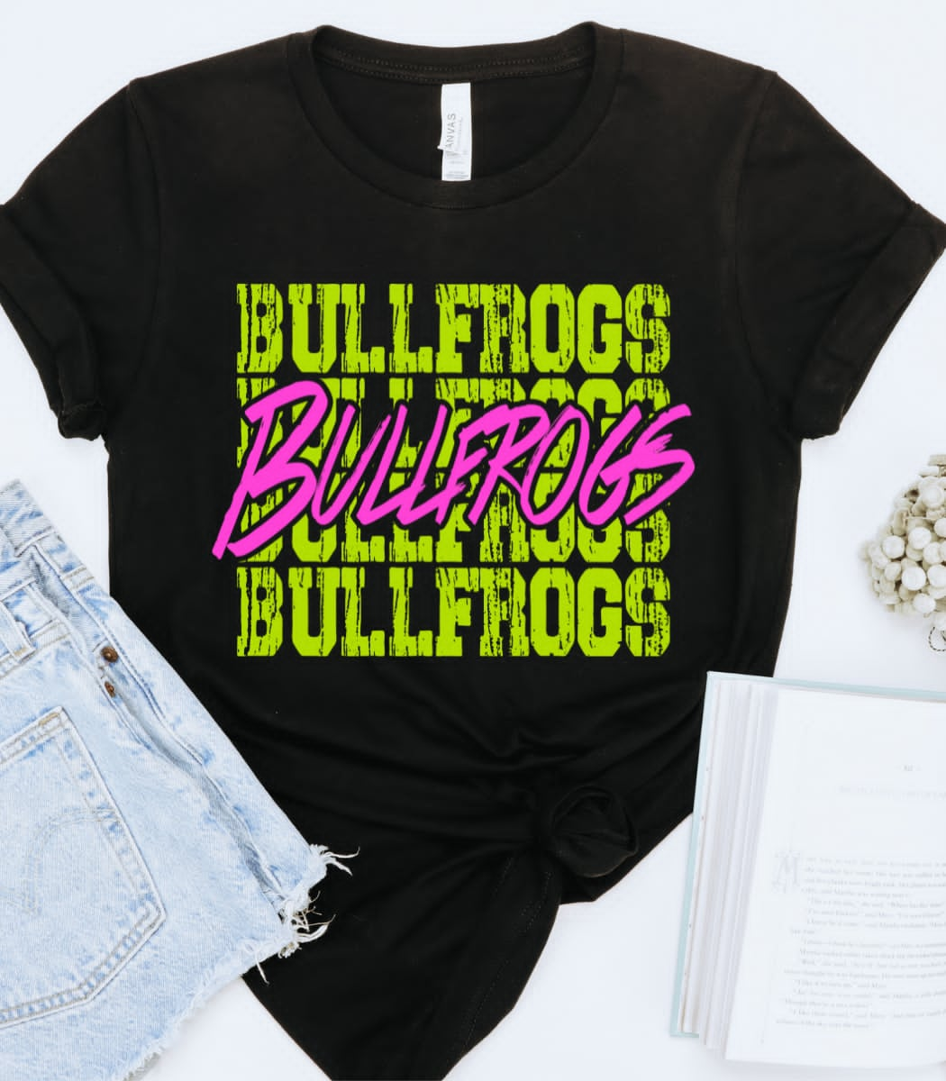 Bullfrogs (bright yellow/pink stacked mascot) - DTF