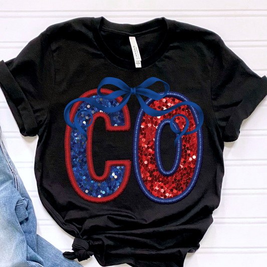 CO (Patriotic Bow State Abbrev. faux embroidered sequins) - DTF