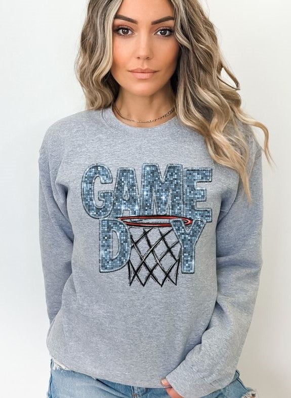 Game Day Basketball (COLUMBIA BLUE faux sequin embroidery) - DTF