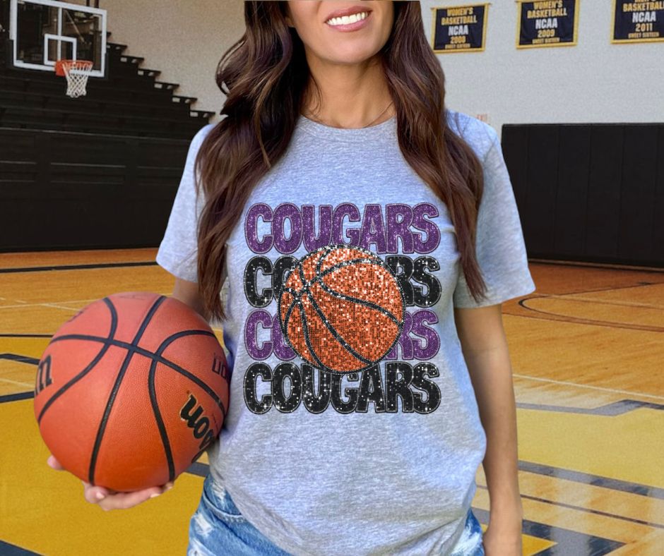 Cougars - Purple/Black (Stacked Basketball Faux Sequins) - DTF