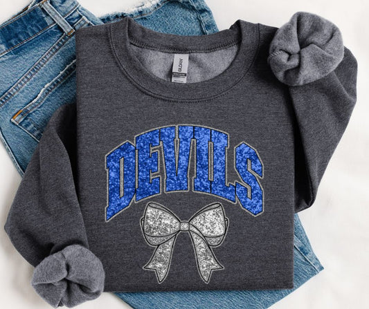 Devils - Royal Blue/Silver/White (Collegiate Glitter Bow) - DTF