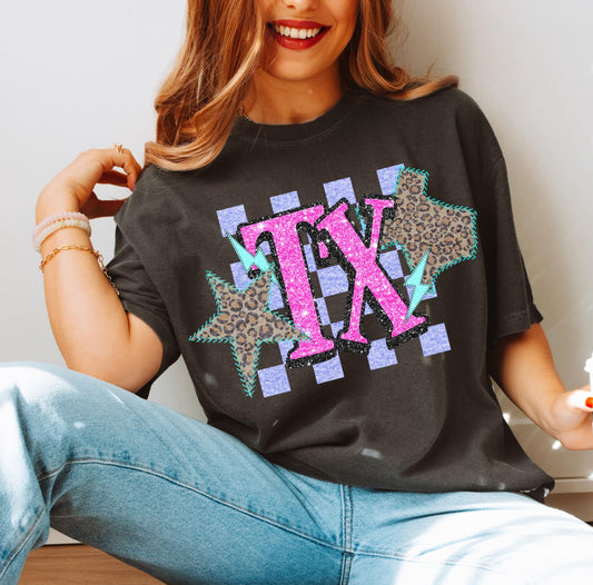 TX (Retro Leopard Checkered Glitter Stitched State Abbreviation)  - DTF