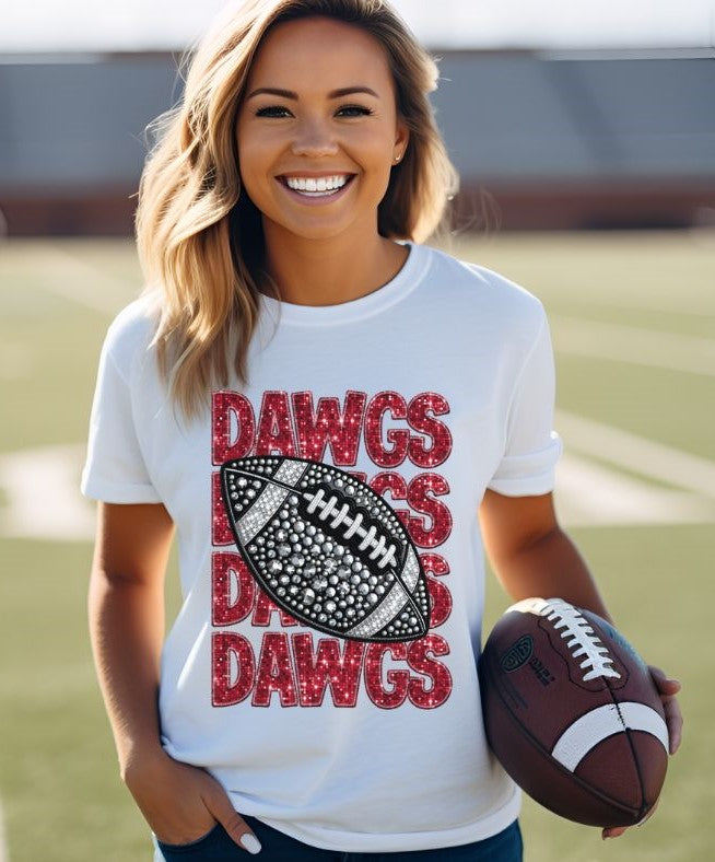 Dawgs - Red (Stacked Bling Football) - DTF