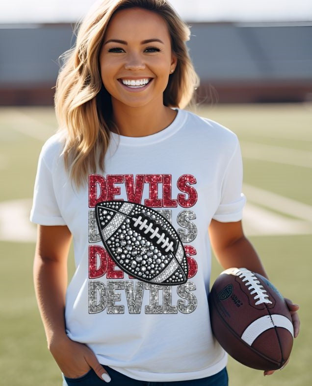 Devils - Red/Silver (Stacked Bling Football) - DTF