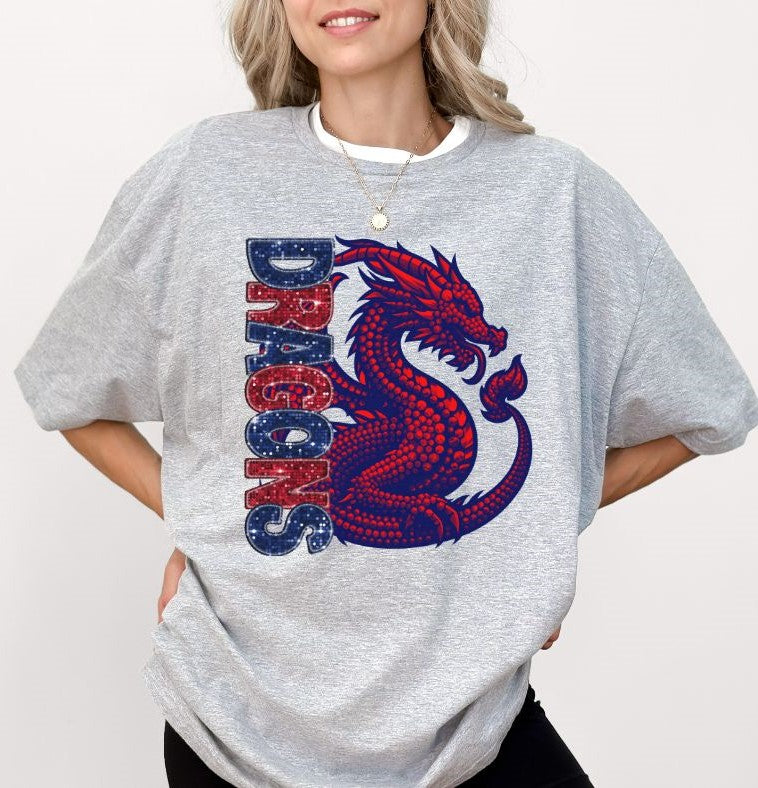 Dragons - Navy/Red (Half Faux Rhinestone and Glitter Mascots) - DTF