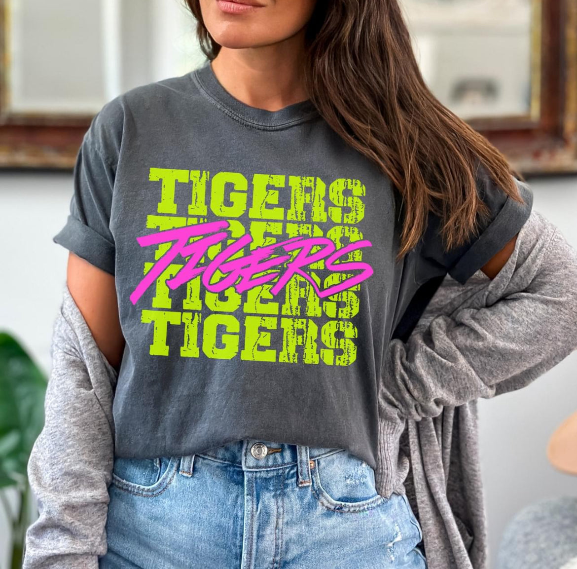 Tigers (bright yellow/pink stacked mascot) - DTF