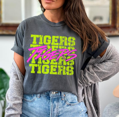 Tigers (bright yellow/pink stacked mascot) - DTF