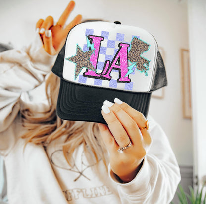 LA (Retro Leopard Checkered Glitter Stitched State Abbreviation)  - DTF