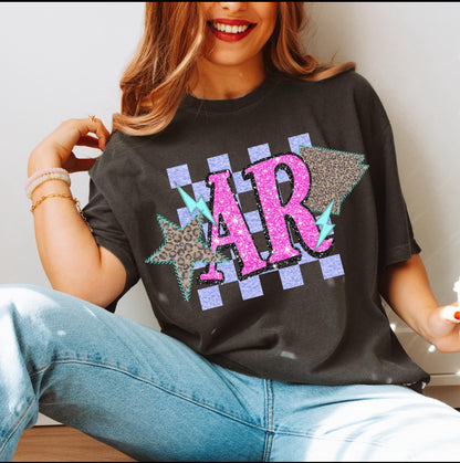 AR (Retro Leopard Checkered Glitter Stitched State Abbreviation)  - DTF