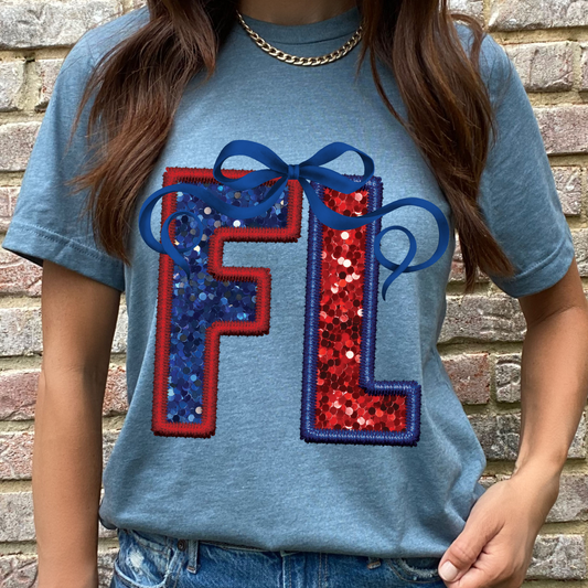 FL (Patriotic Bow State Abbrev. faux embroidered sequins) - DTF