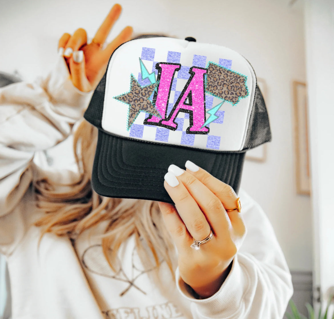 IA (Retro Leopard Checkered Glitter Stitched State Abbreviation)  - DTF