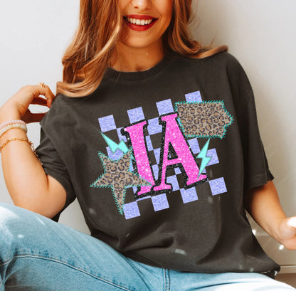 IA (Retro Leopard Checkered Glitter Stitched State Abbreviation)  - DTF