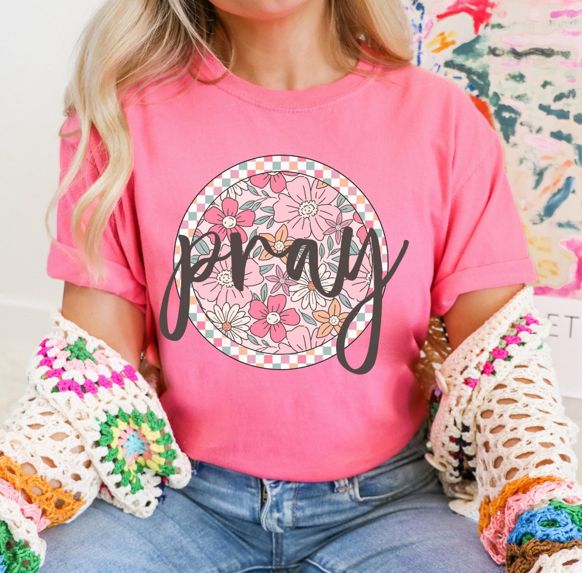 Pray (checkered floral) - DTF