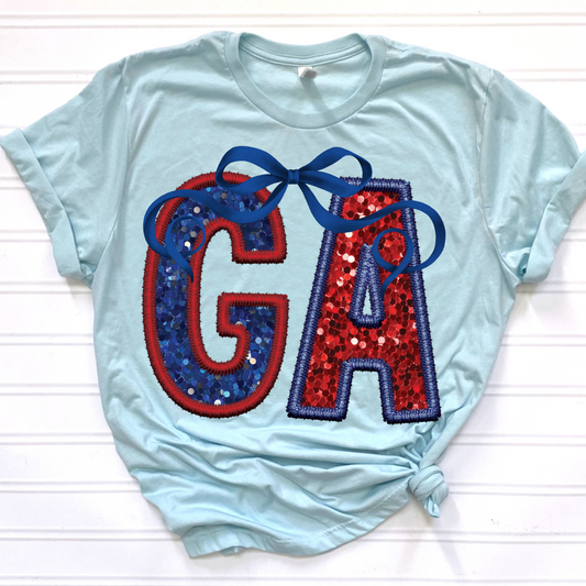 GA (Patriotic Bow State Abbrev. faux embroidered sequins) - DTF