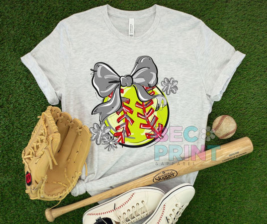 Play Ball Floral Bow - Gray (Softball) - DTF