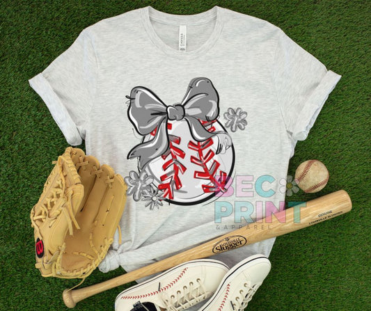 Play Ball Floral Bow - Gray (Baseball) - DTF