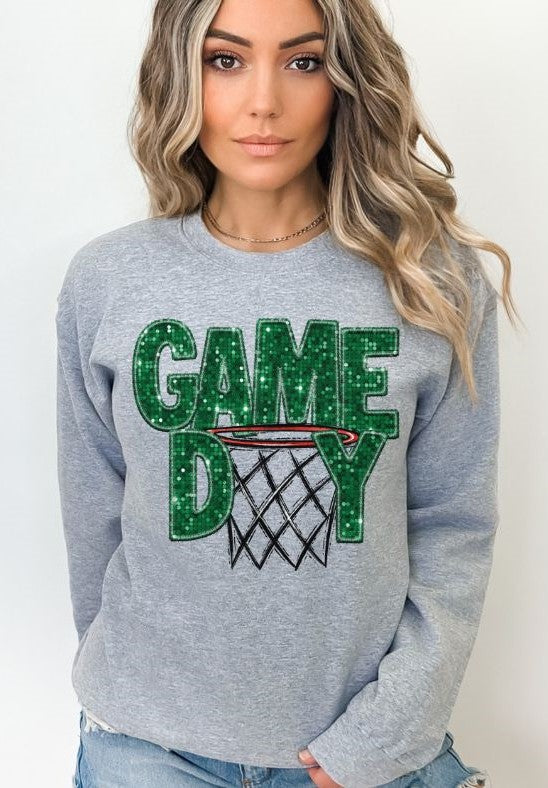 Game Day Basketball (GREEN faux sequin embroidery) - DTF