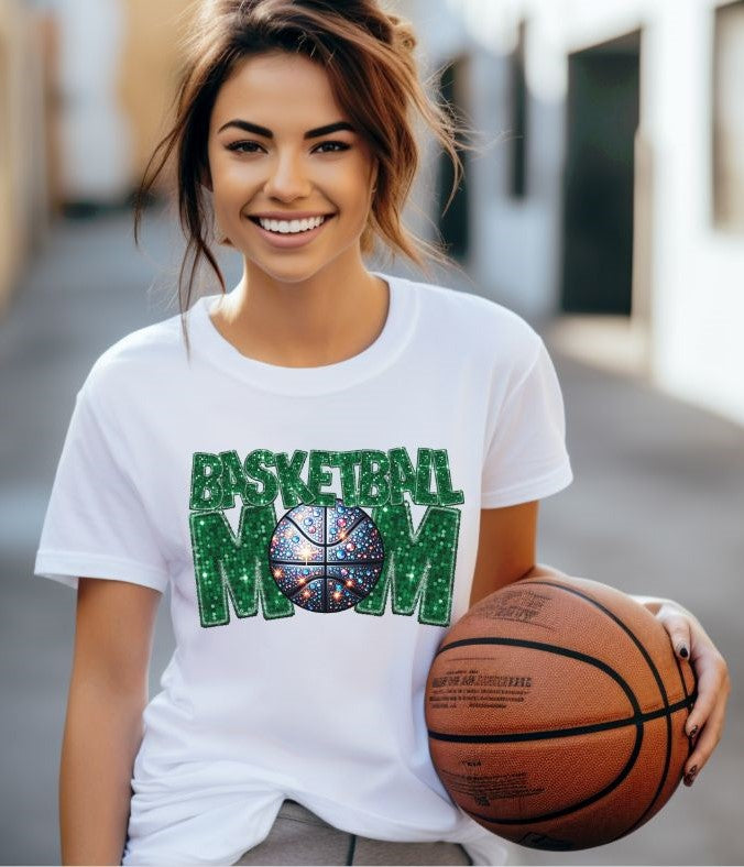 Basketball Mom (GREEN faux sequin embroidery) - DTF