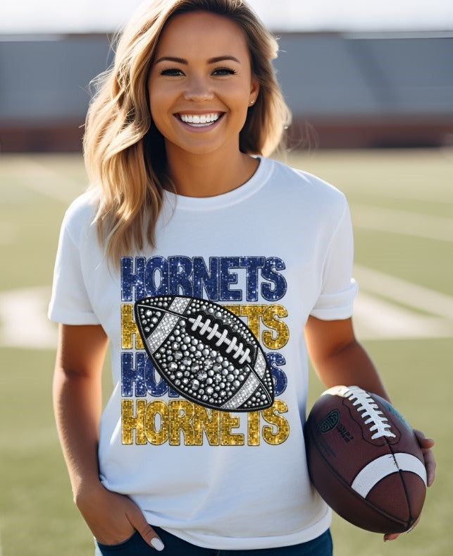 Hornets - Blue/Gold (Stacked Bling Football) - DTF