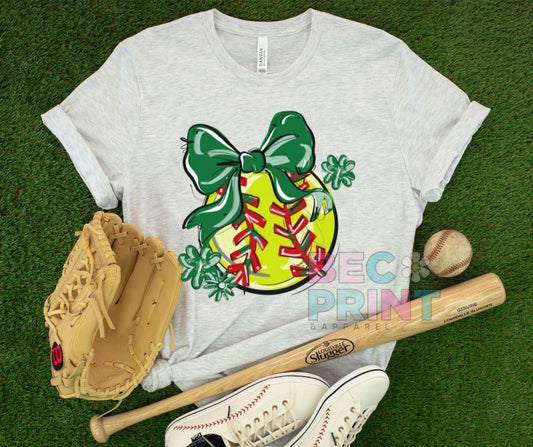 Play Ball Floral Bow - Kelly Green (Softball) - DTF