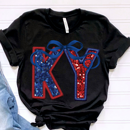 KY (Patriotic Bow State Abbrev. faux embroidered sequins) - DTF