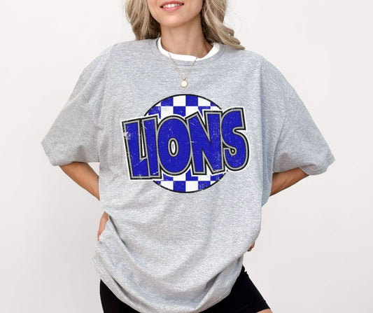 Lions - Royal Blue/White (Mascot - Funky Checkered) - DTF