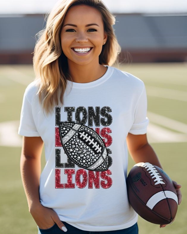 Lions - Red/Black (Stacked Bling Football) - DTF