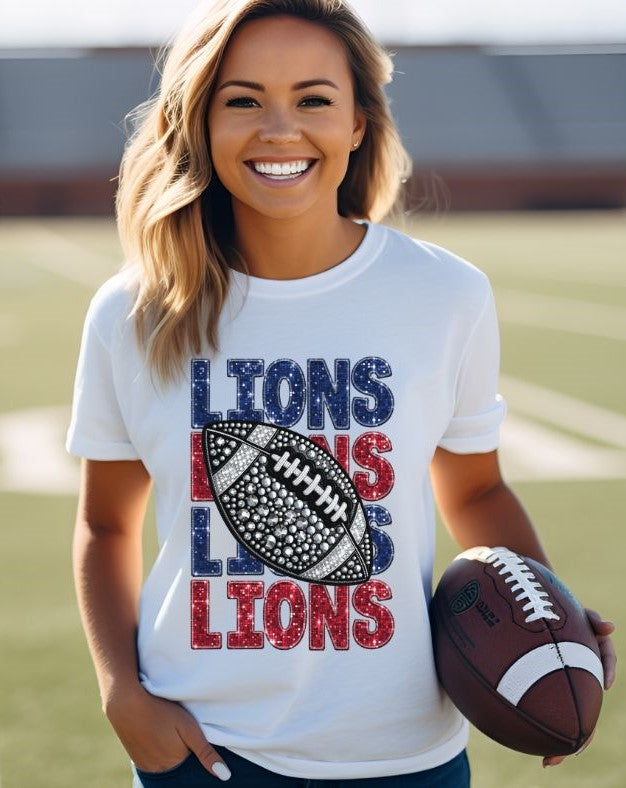 Lions - Red/Blue (Stacked Bling Football) - DTF