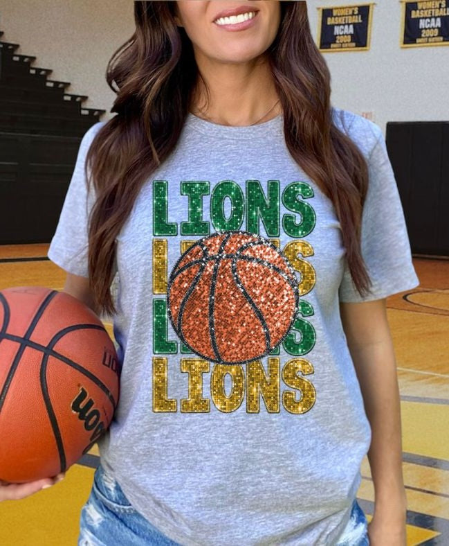 Lions - Green/Yellow Gold (Stacked Basketball Faux Sequins) - DTF