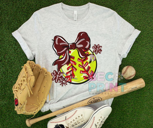 Play Ball Floral Bow - Maroon (Softball) - DTF