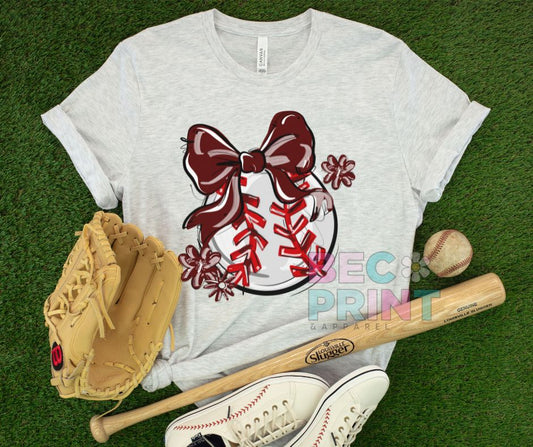 Play Ball Floral Bow - Maroon (Baseball) - DTF