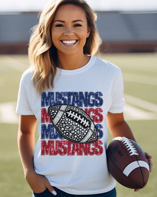 Mustangs - Red/Blue (Stacked Bling Football) - DTF